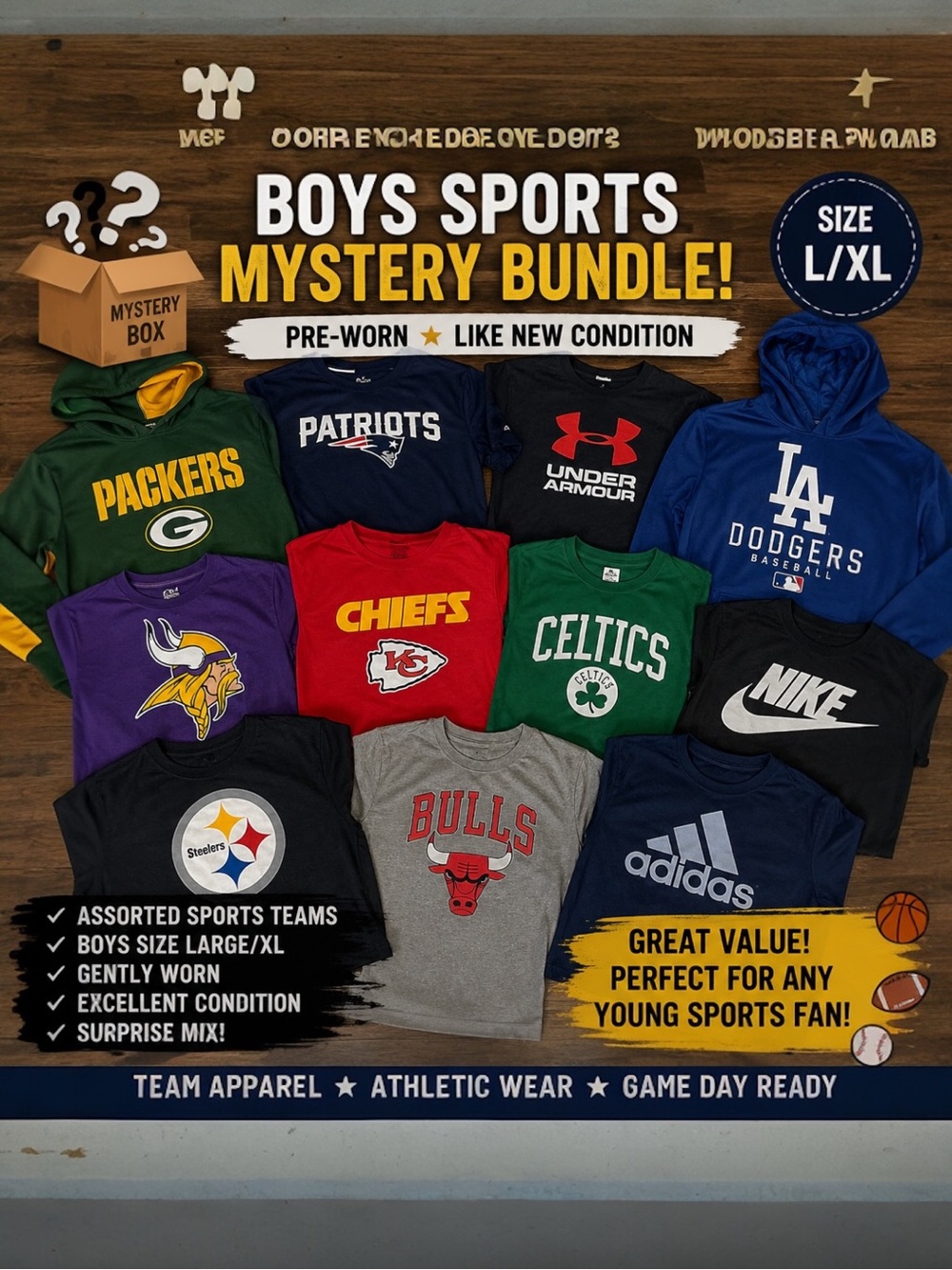 $100+ Retail Value! Boys L/XL Sports Mystery Box ⚾🏈🏀
